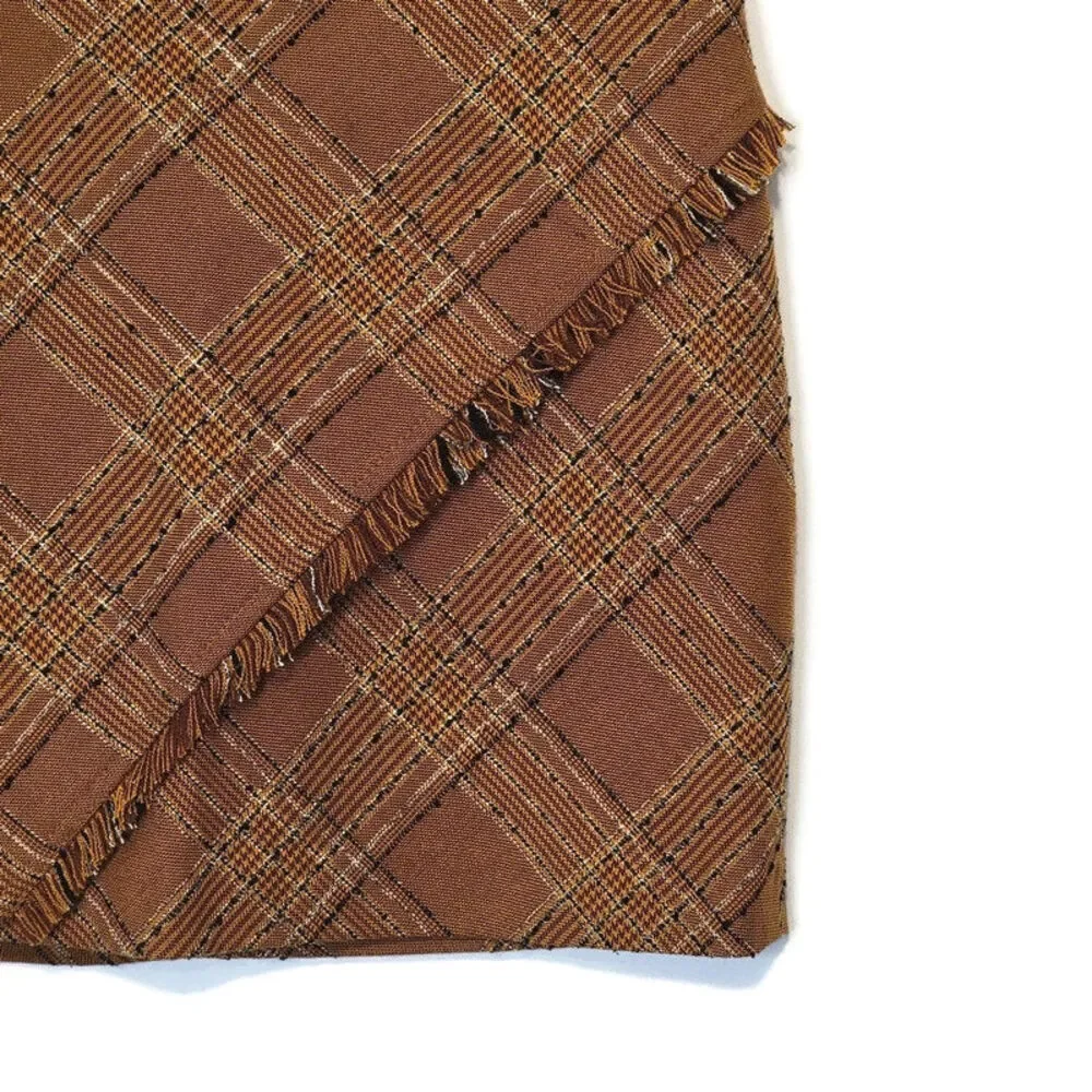 Free People Plaid Tweed Brown Mini Skirt Fringe Boho Preppy Fall Size 0